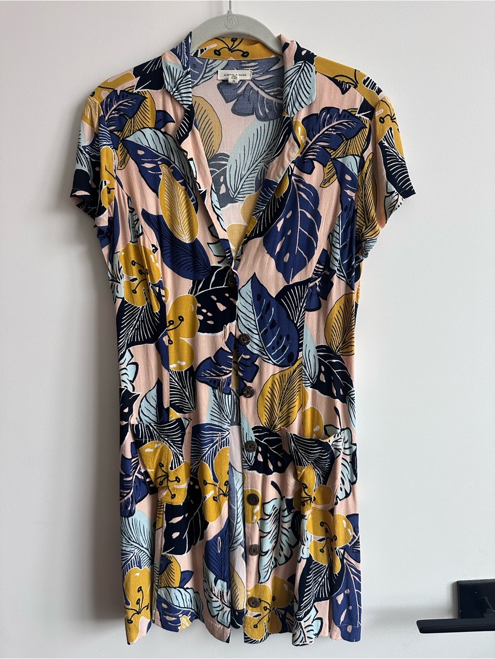 silence + noise Pink Floral Button-Front Shirt Dress with Navy & Mustard Leaves